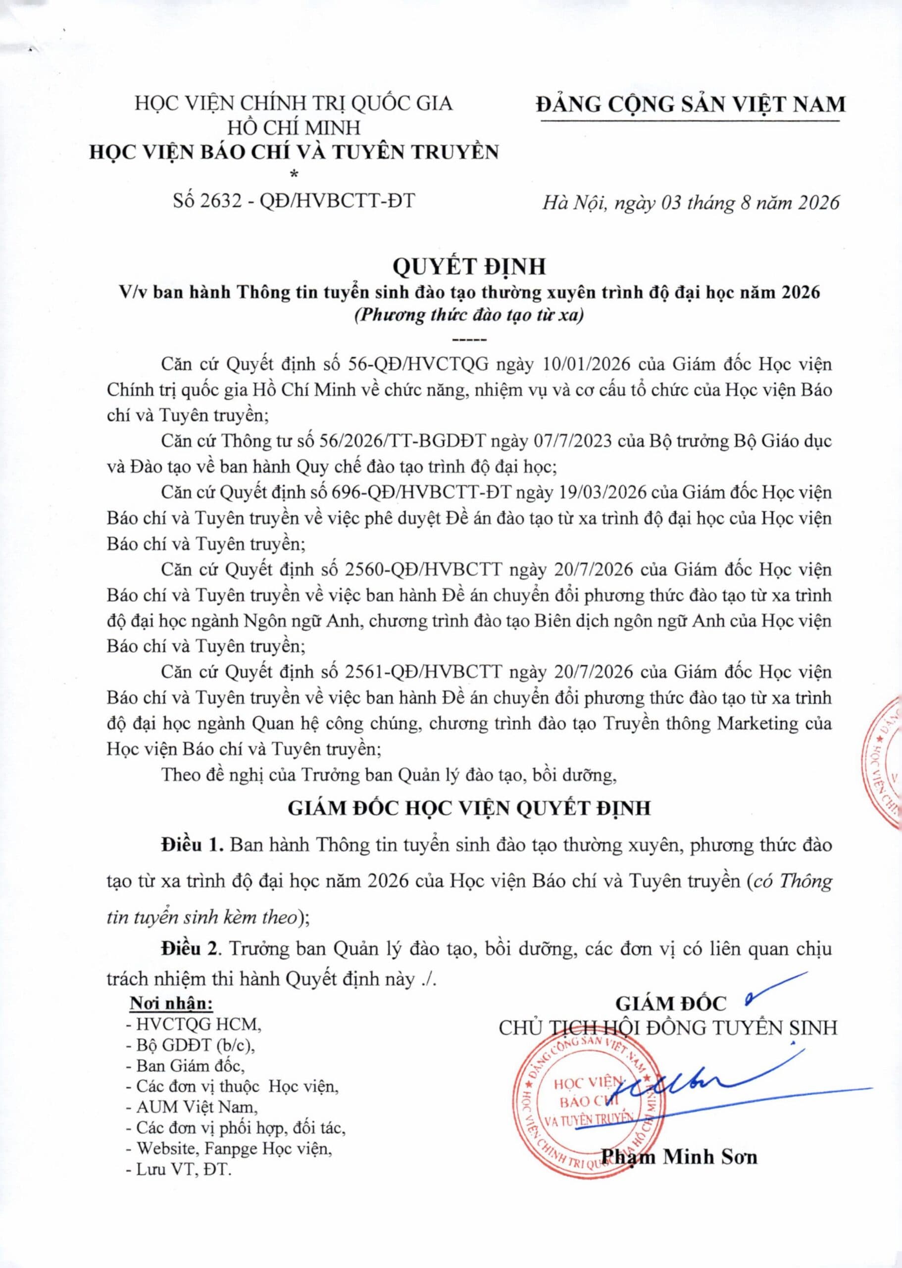 Featured image for: Thông báo tuyển sinh Học viện Báo chí và Tuyên truyền hệ từ xa năm 2026